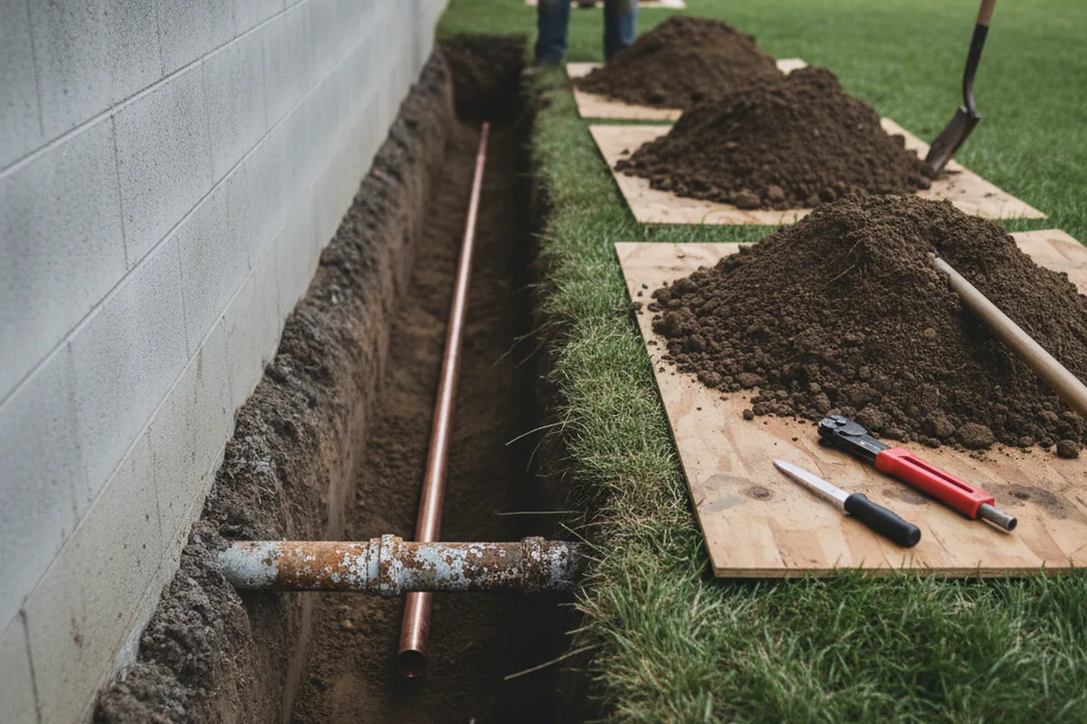 Excavated water line trench during Sewer Line Repair in Elmwood Park